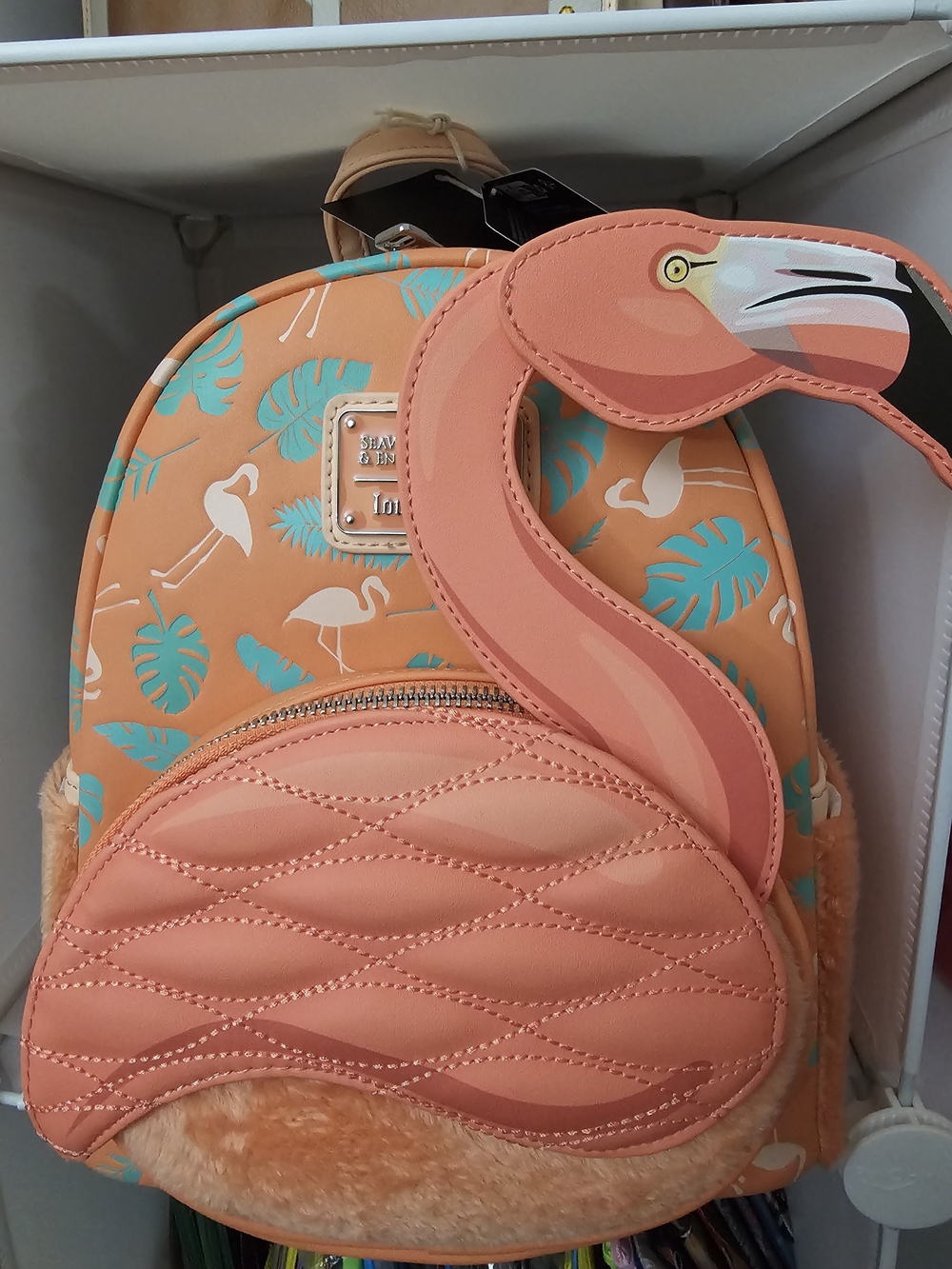 Loungefly Peach Flamingo Mini Backpack with Teal Leaf Print
